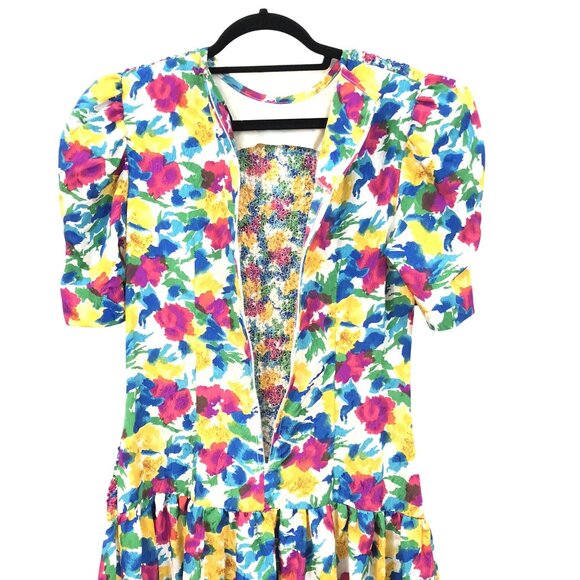 Vintage Plaza South Floral Puff Sleeve Smocked Drop Waist Midi Dress Size 8 - Picture 14 of 14